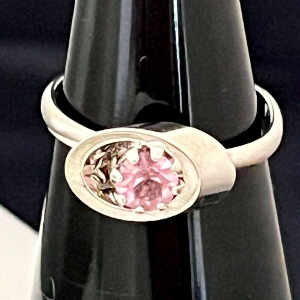 Vintage 1960s Ring Silver Tone Pink Rhinestones Mid Century Modernist - 4J